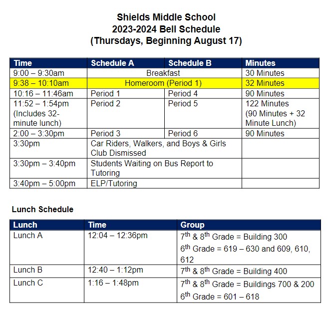 Thursdays' Bell Schedule